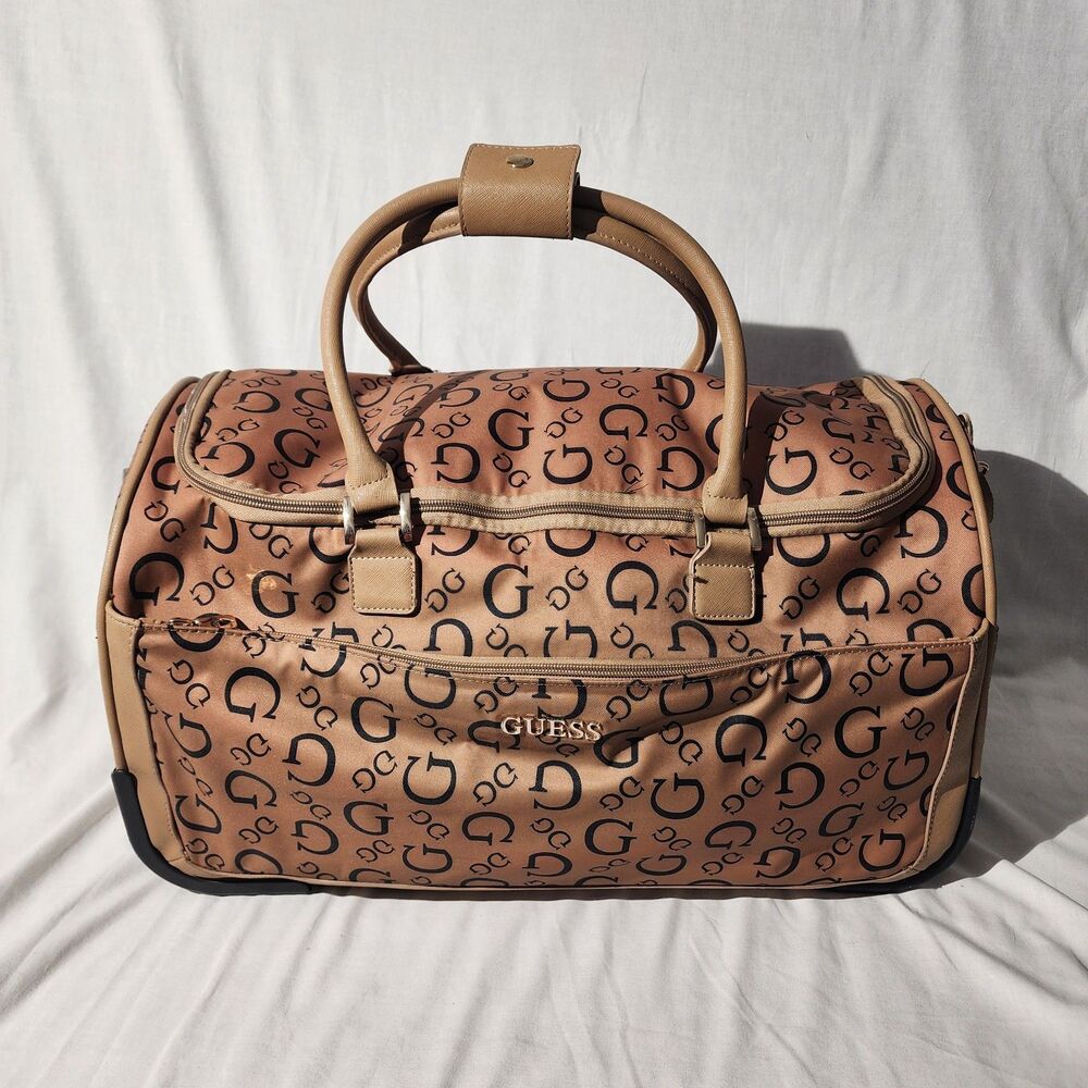 GUESS Wheeled Duffle Bag Carry On Luggage Monogram Tan Brown Travel Bag